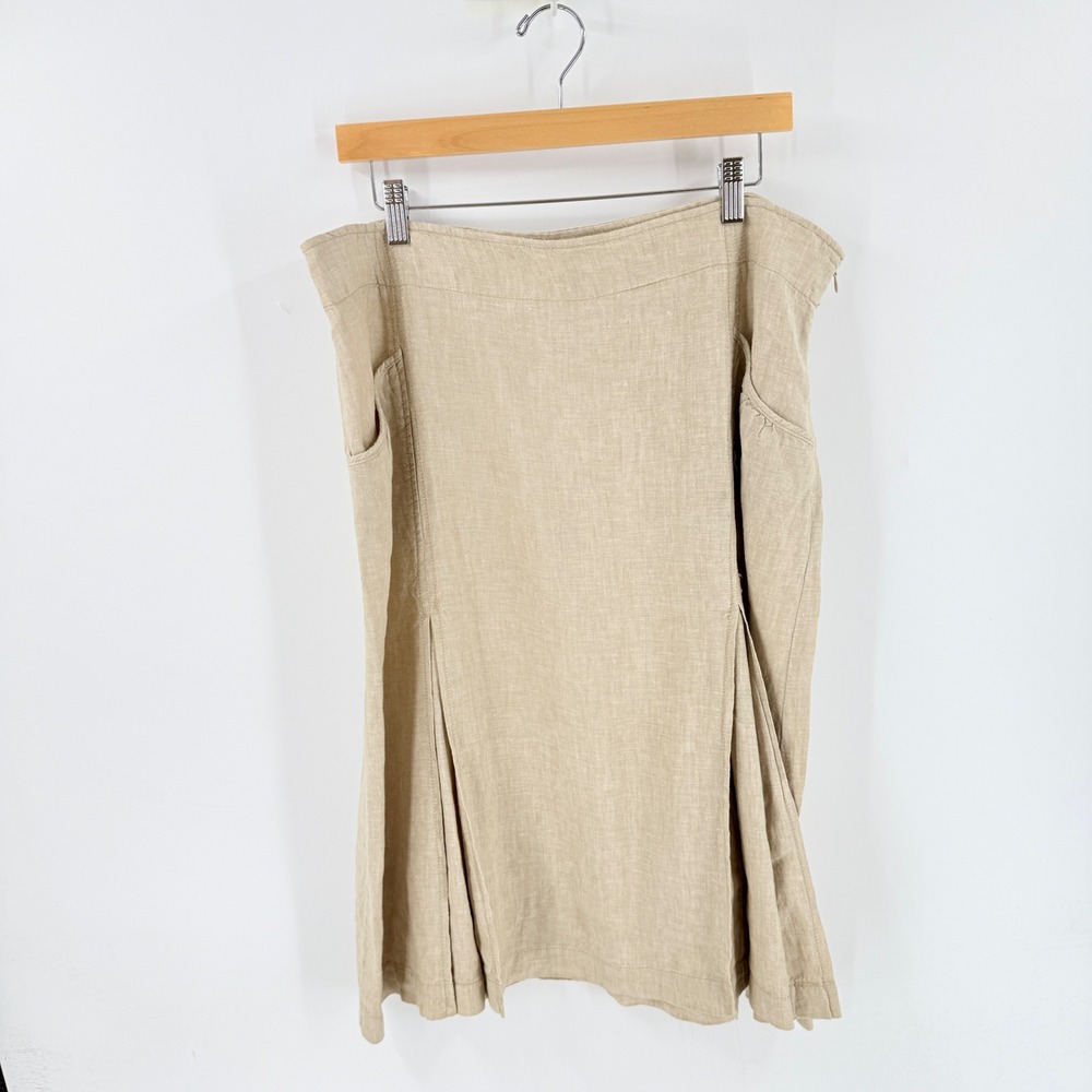 Vintage Y2K Merona 100% Linen Pleated Knee Length Skirt Tan 16 Coastal Grandma